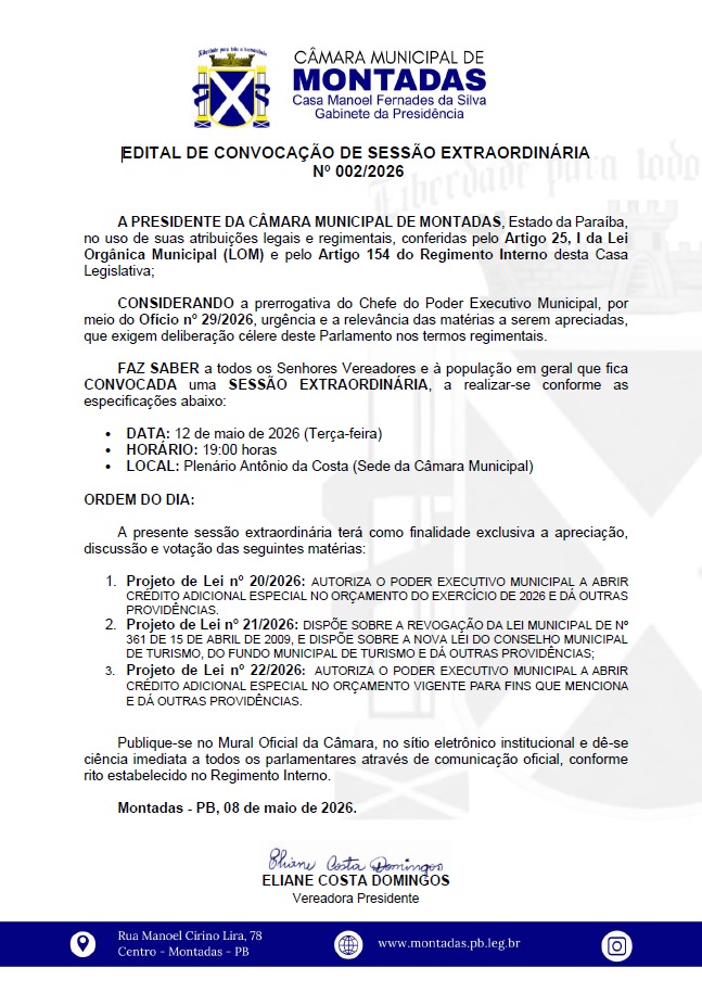 Câmara de Montadas convoca Sessão Extraordinária para apreciação de projetos do Executivo