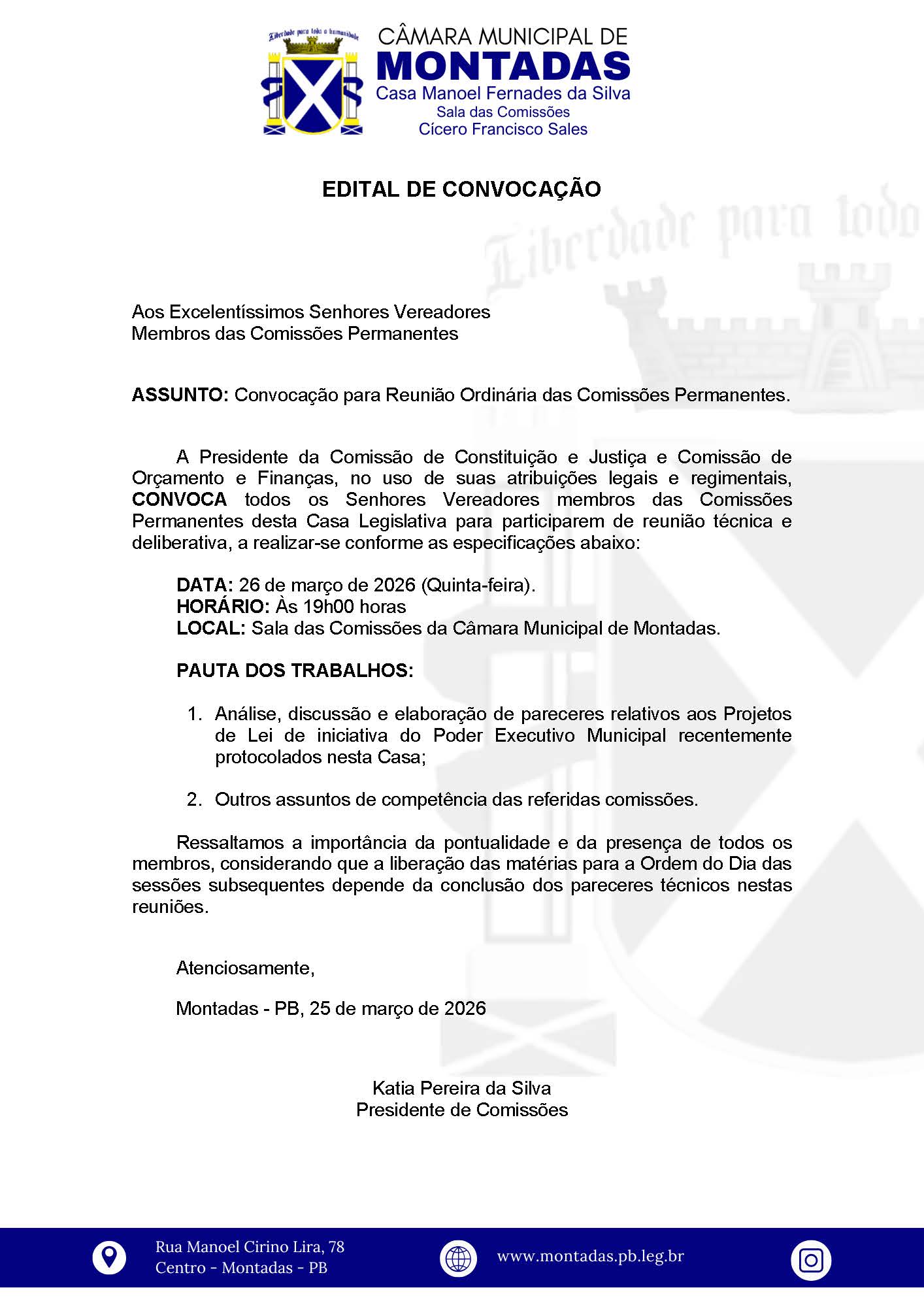 Comissões da Câmara de Montadas se reúnem para análise de projetos do Executivo