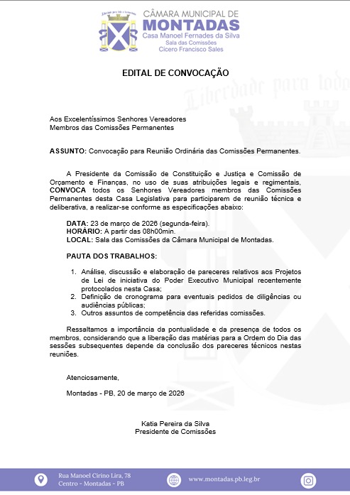 Comissões Permanentes da Câmara de Montadas são convocadas para reunião ordinária