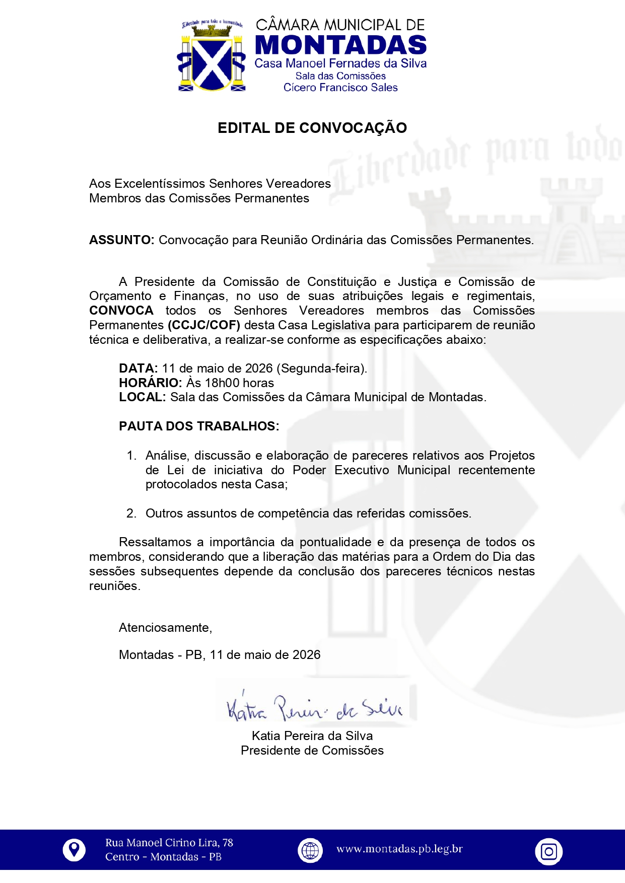 Comissões Permanentes da Câmara de Montadas são convocadas para reunião técnica nesta segunda-feira