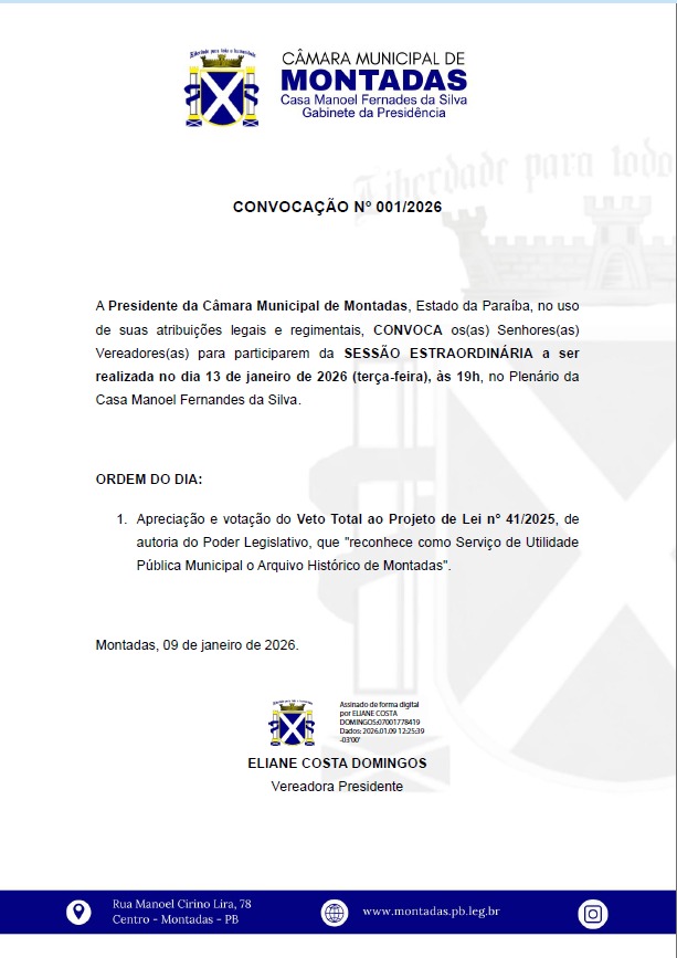 PRESIDENTE DA CÂMARA CONVOCA SESSÃO EXTRAORDINÁRIA PARA O DIA 13 DE JANEIRO